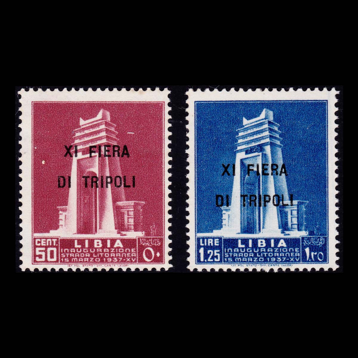 1937 Libia 11 Fiera di Tripoli 50c. rosso bruno 1,25l. azzurro