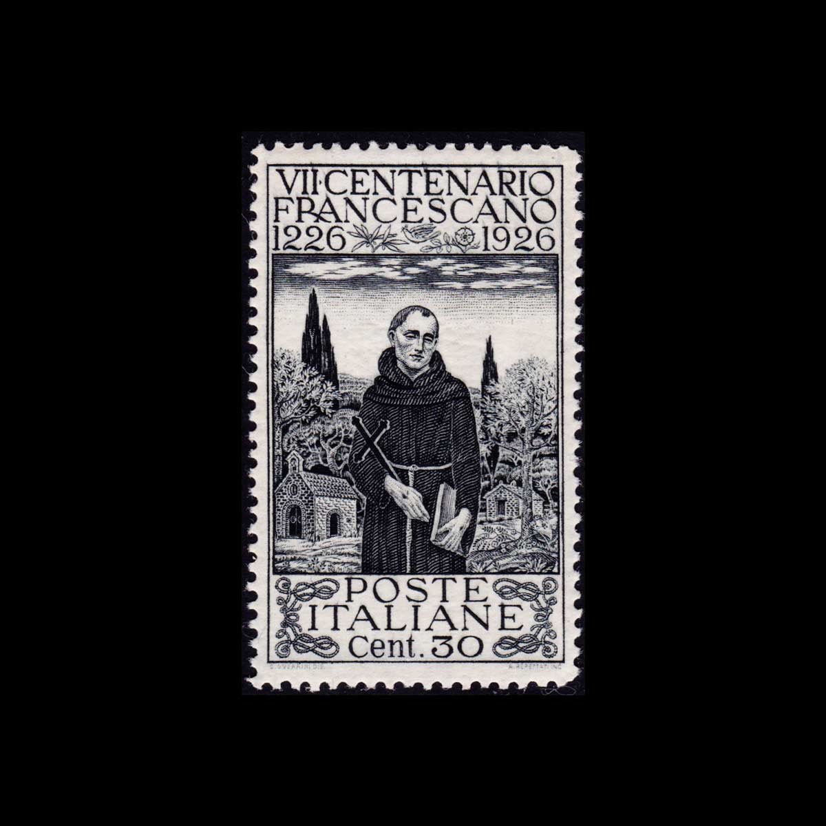 1926 VII Centenario della Morte di San Francesco 30c. grigio dentellato 13 1/2