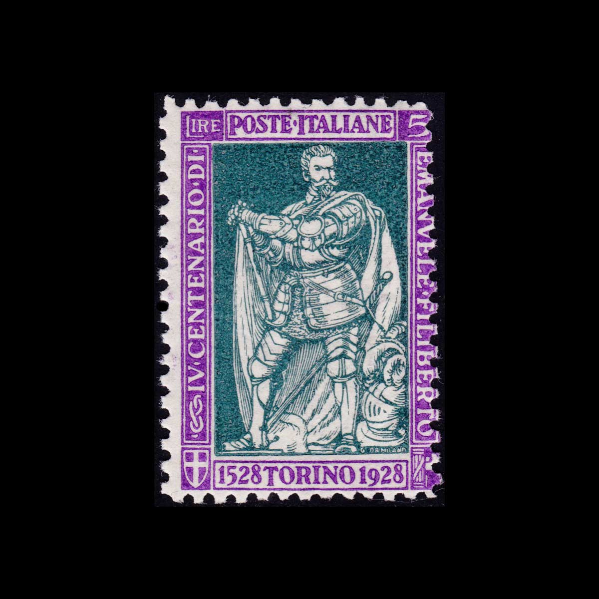 1928 IV Centenario Nascita di Emanuele Filiberto 5l. violetto e verde dentellato 11