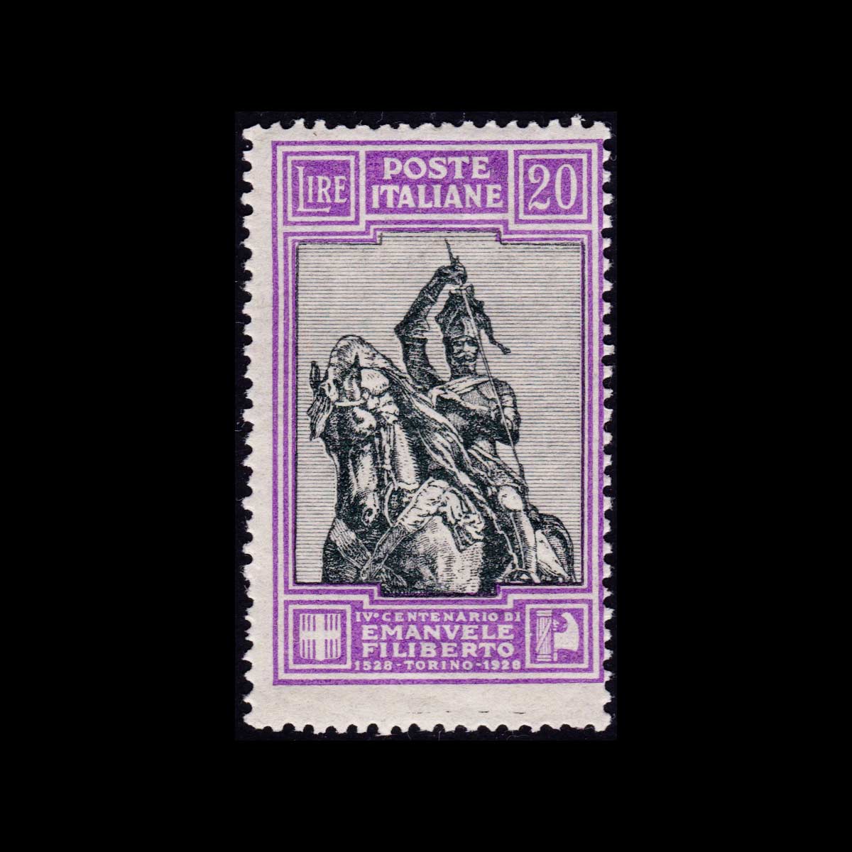 1928 IV Centenario Nascita di Emanuele Filiberto 20l. violetto e grigio verde dentellato 14