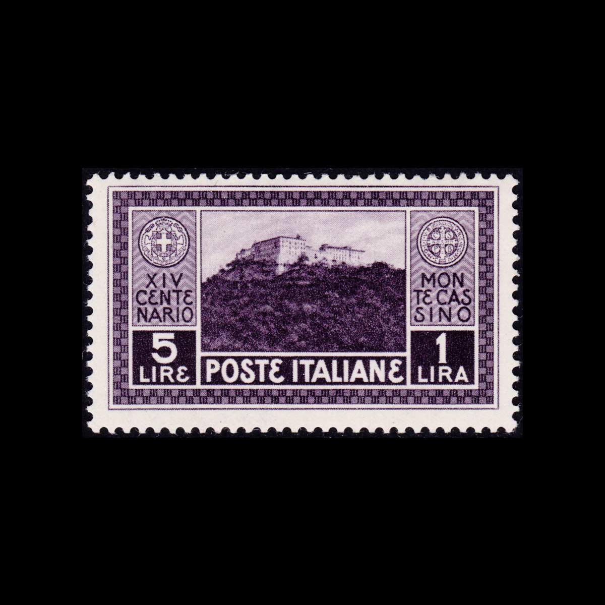 1929 XIV Centenario dell'Abbazia di Montecassino 50l.+1l. violetto